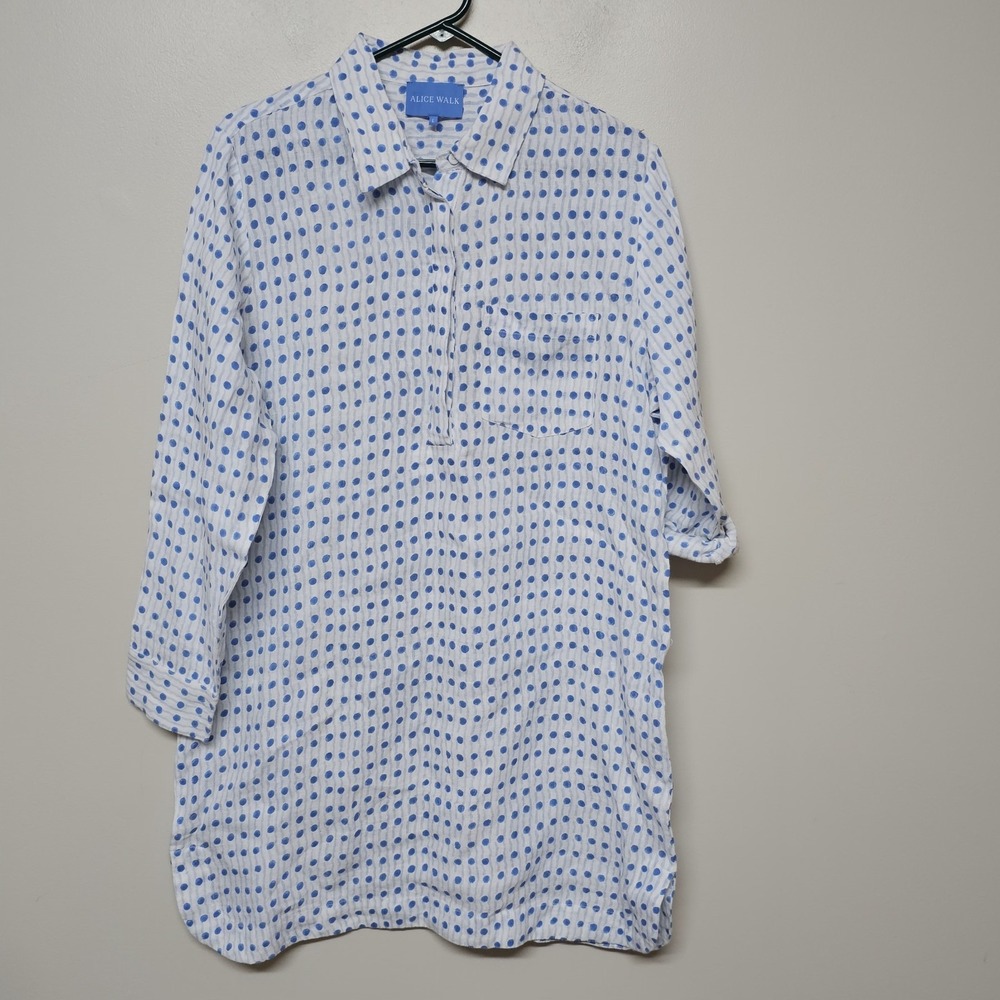 Alice Walk‎ Womens Blue Polka Dot Linen Shirt Dress Sz L Beach Coastal Casual